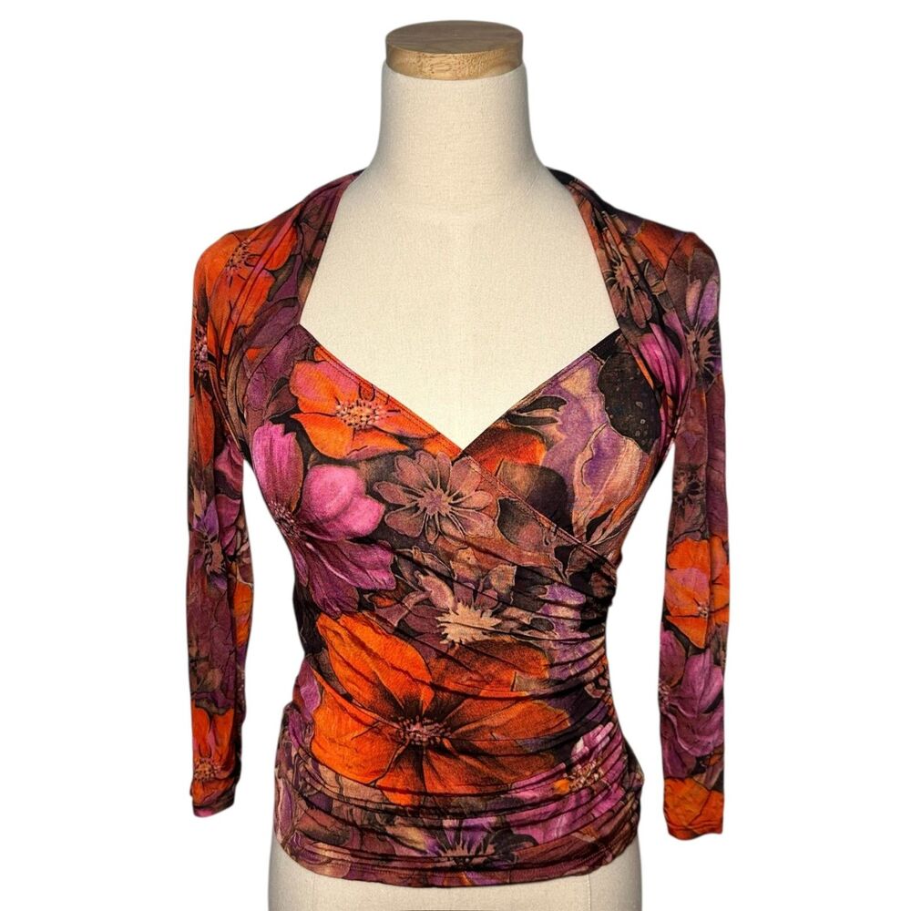 Vintage Cache 90s Y2K Stretchy Purple Orange Boho Floral V-Neck Blouse, Small